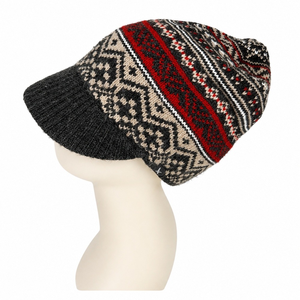 Y2K Eddie Bauer Visor Beanie Fair Isle Knit Slouchy Fleece Lined Charcoal Hat